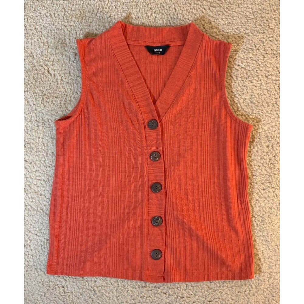 Max Women's Terracotta Rust Ribbed V Neck Button Front Sleeveless Top S 10